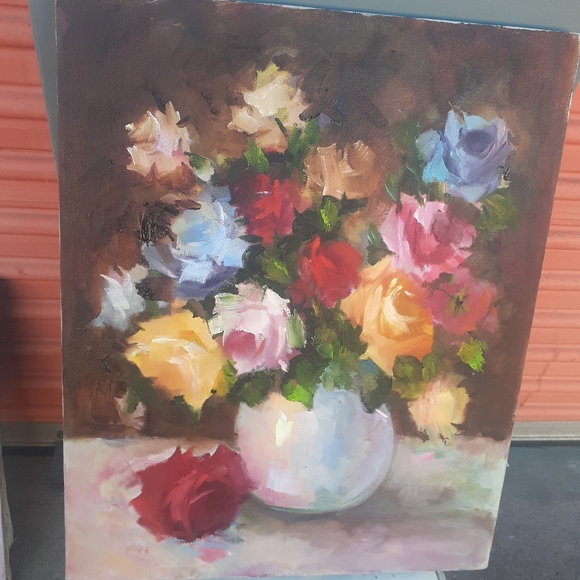 Orig Pink RED Blue Roses Floral Oil Painting ART 16x20 Romantic Lavende… - Picture 6 of 9